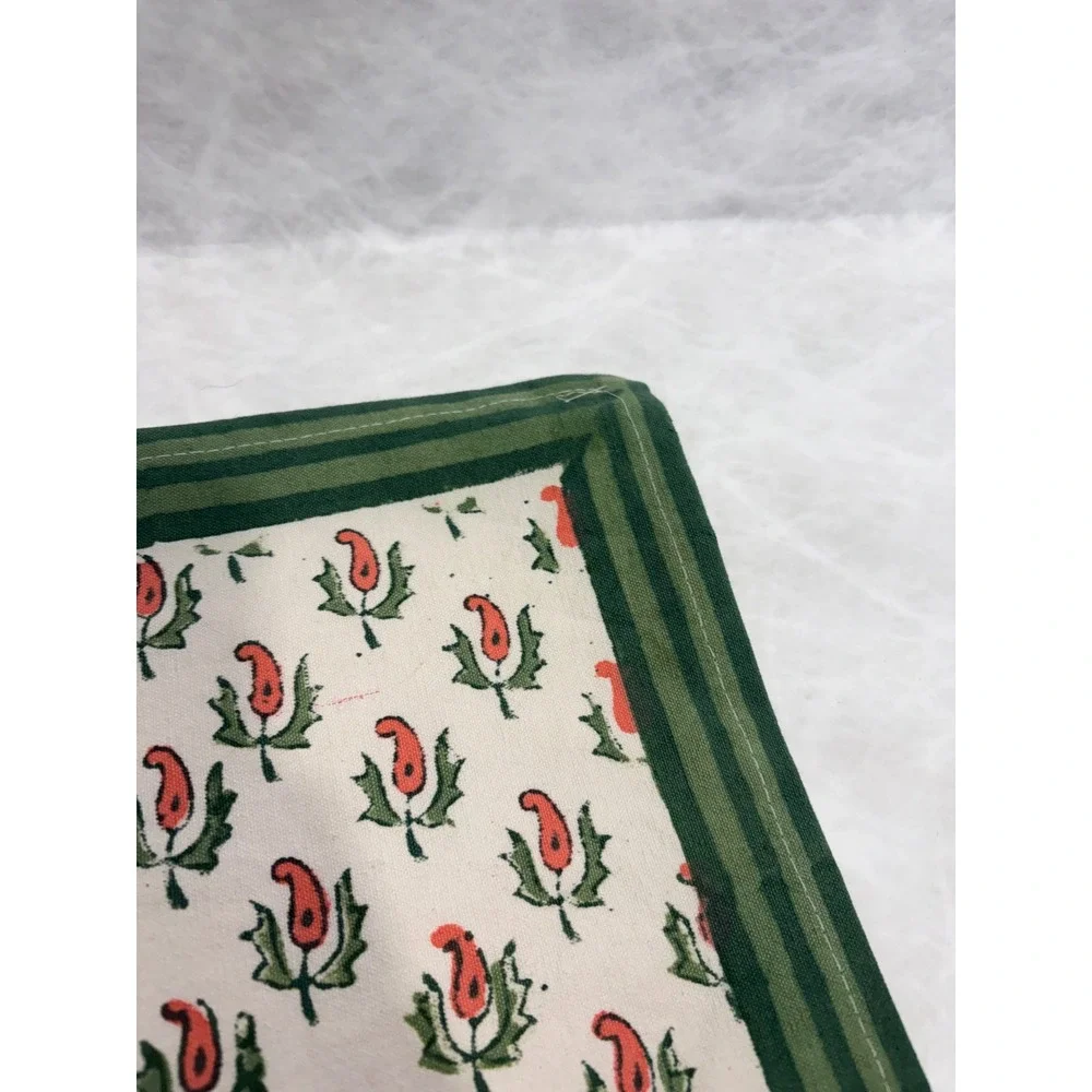 Vintage Set of 6 Hand Block Print Placemats Green Red Paisley Cotton 18x12